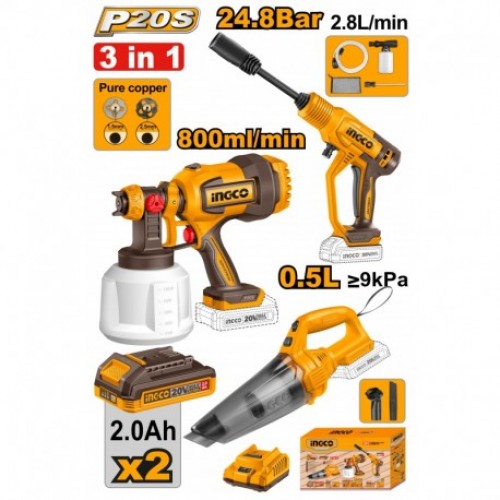 SET Pulverizator+pistol de spalat cu presiune+aspirator pe acumulator INGCO COSLI230522
