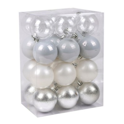 Set globuri de craciun, GLOBAL CHRISTMAS, 24 buc, 6cm, Argintiu/Alb