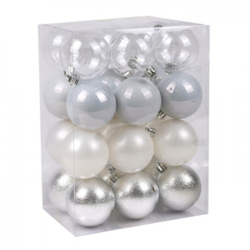 Set globuri de craciun, GLOBAL CHRISTMAS, 24 buc, 6cm, Argintiu/Alb