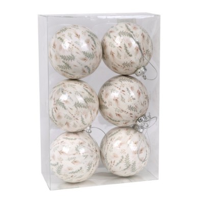 Set globuri de craciun, GLOBAL CHRISTMAS, 6 buc, 8 cm, Alb, Cu imprimeu